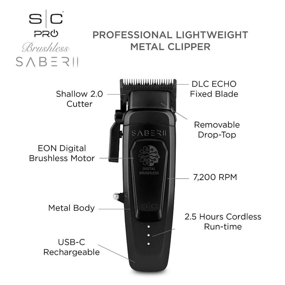SABER 2 CLIPPER - PROFESSIONAL CORDLESS MODULAR HAIR CLIPPER WITH HIGH-TORQUE DIGITAL BRUSHLESS MOTOR IN BLACK